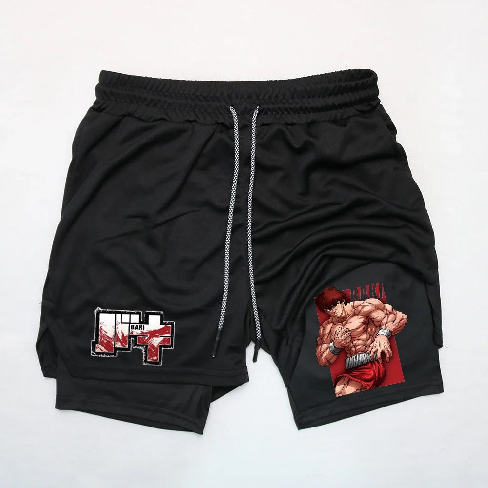 Anime Baki Hanma Gym Shorts Men Women Fitness Manga Print 2 in 1 Sports Performance Shorts Workout Quick Dry Mesh Short Pants