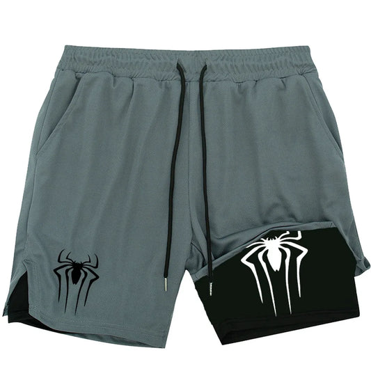 Men's Spider Print Compression Shorts, Gym Sports Training Shorts, Y2K, With Pockets, 5 inches, Quick Drying, Breathable, 2-in-1